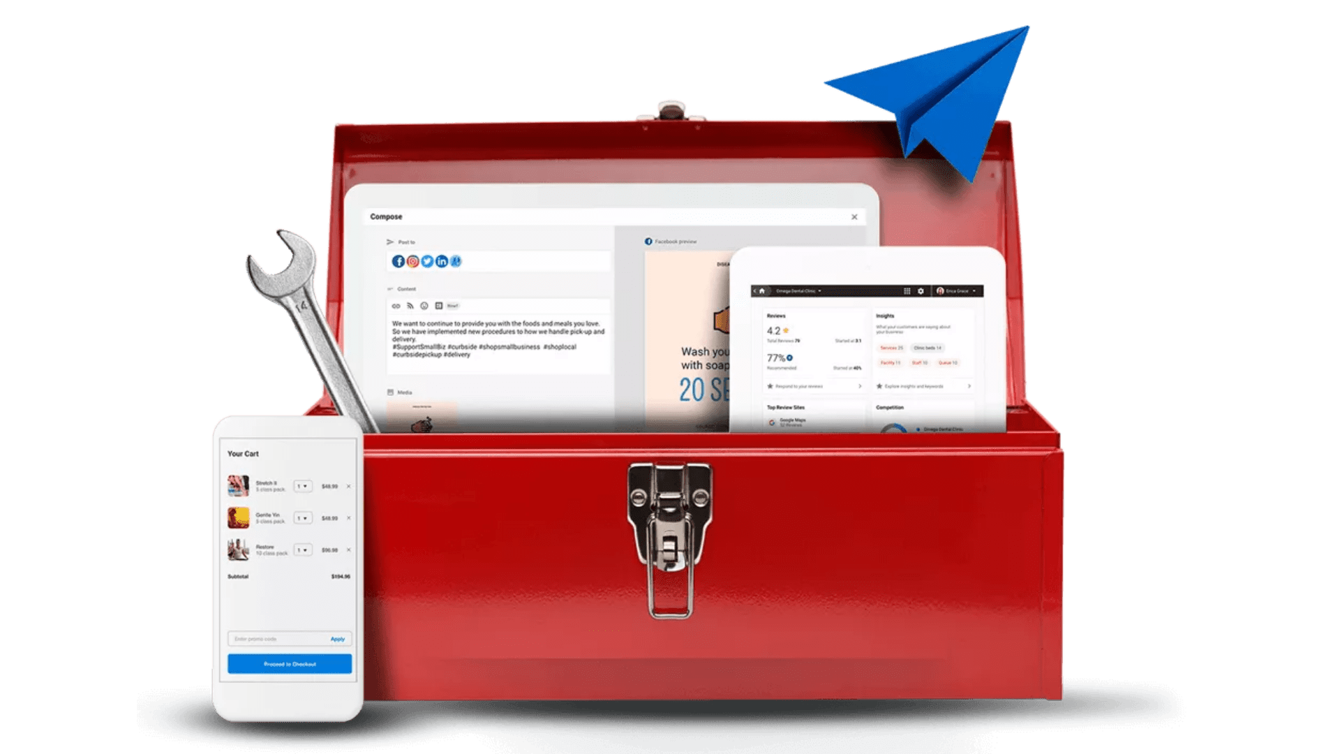 local-business-toolkit Graphic of a toolbox holding different sized screens with marketing software inside.